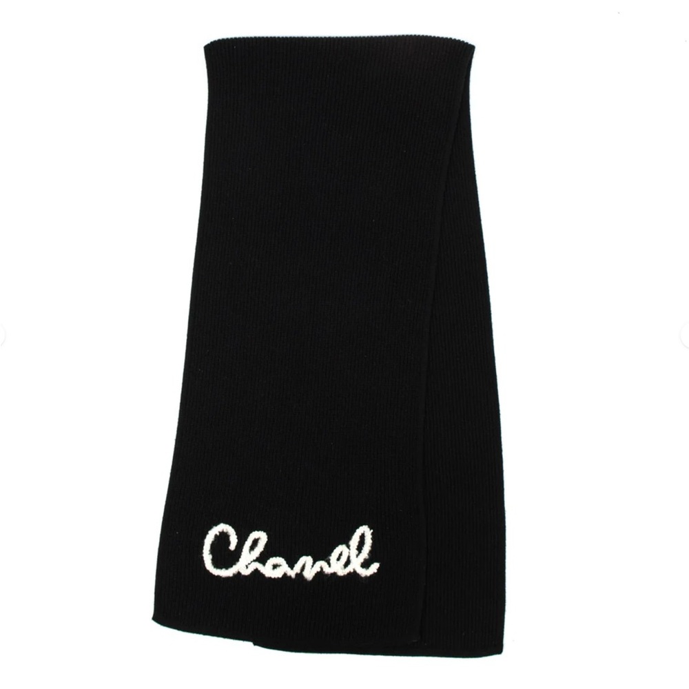 CHANEL NWT 100% Cashmere Black Stole Scarf. Hand Embroidered Pearl Logo - Picture 5 of 8